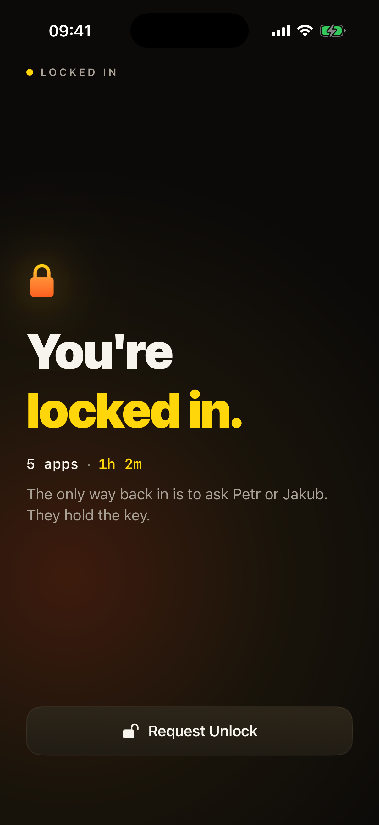 The LockIn locked screen: a lock, the headline You're locked in, five apps blocked for one hour two minutes, and the line the only way back in is to ask Petr or Jakub.